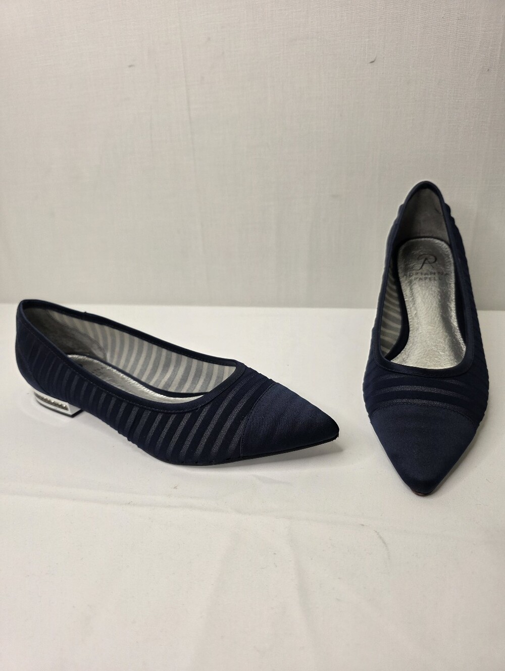 Adrianna Papell Navy Blue Satin Mesh Pointed Toe Rhinestone Heel Flats 7M
